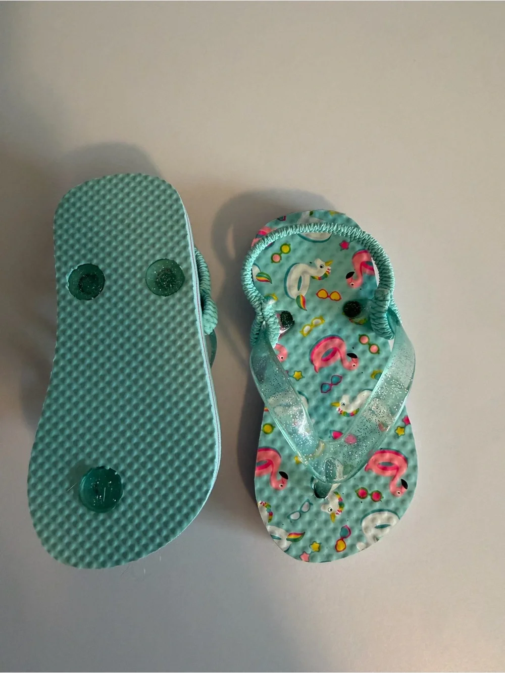 Wonder Nation Aqua Flip Flop Sandals with Pink Flamingo Print